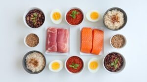 An array of delicious ingredients featuring fresh salmon, pork, grains, and eggs, beautifully arranged on a white background.